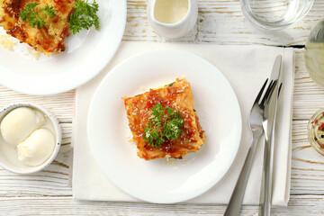 Concept of delicious food, lasagna, top view