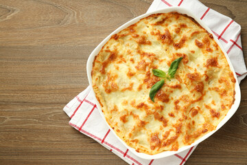 Concept of delicious food, lasagna, space for text