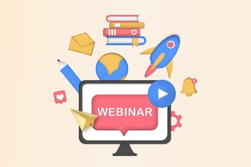 Online education concept. Video lecture and lessons on application learning, educational platform, viewing webinar, video chats, e-learning, digital classroom. 3D vector illustration for modern web.