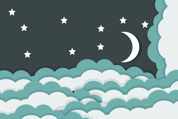 moon and stars in midnight .paper art style