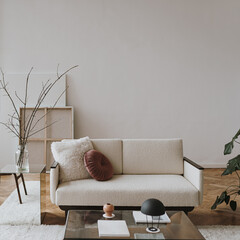 Aesthetic modern Scandinavian home interior design. Elegant living room with comfortable sofa,...
