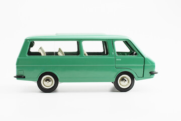  Toy model of a retro car, isolated, side view.