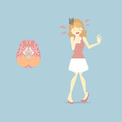 woman with headache and human brain, brain tumor cancer symptom, healthcare concept, internal organs anatomy body part nervous system, vector illustration cartoon flat character design clip art