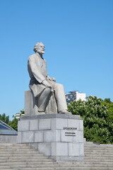 Fototapeta premium Moscow, Russia - June 8, 2022: Monument to the Russian and Soviet scientist and inventor Konstantin Eduardovich Tsiolkovsky on the Cosmonauts Alley