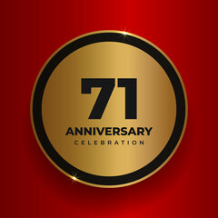 71 years anniversary celebration background. Celebrating 71st anniversary event party poster template. Vector golden circle with numbers and text on red square background. Vector illustration
