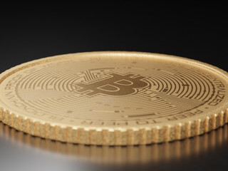 Fototapeta na wymiar Bitcoin kryptowaluta moneta metalowa złota na ciemnym tle