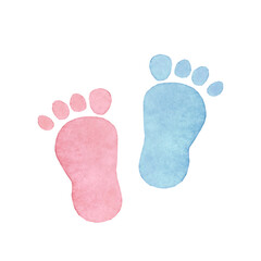 Watercolor baby shower. Blue and pink baby step. High quality photo
