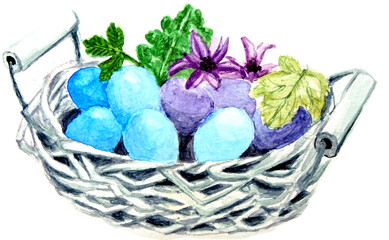 Cestino pasquale con uova colorate, foglie e fiori, acquerello isolato su sfondo bianco