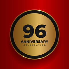 96 years anniversary celebration background. Celebrating 96th anniversary event party poster template. Vector golden circle with numbers and text on red square background. Vector illustration