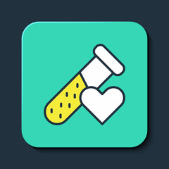 Filled outline Test tube or flask with blood icon isolated on blue background. Laboratory, chemical, scientific glassware sign. Turquoise square button. Vector