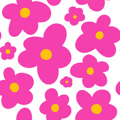 WebPink and White Groovy seamless pattern design with hand drawn simple flower daisy doodle. Y2K 90s girlish childish vector background. Retro hippie floral repeat texture