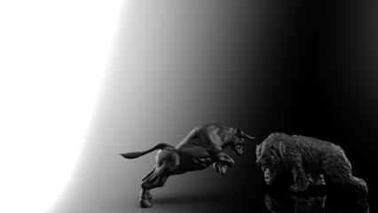 Black painted bull and bear sculpture staring at each other in dramatic contrasting light representing financial market trends under black-white background. Concept images of stock market. 3D CG.