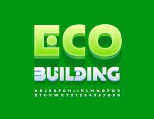 Vector creative Logo Eco Building. Unique White Font. Artistic set of Alphabet Letters and Numbers