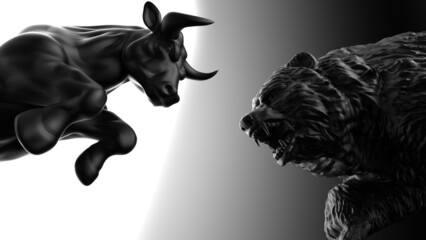 Black painted bull and bear sculpture staring at each other in dramatic contrasting light representing financial market trends under black-white background. Concept images of stock market. 3D CG. - obrazy, fototapety, plakaty