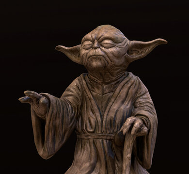 Yoda figurine 3d rendering on black background