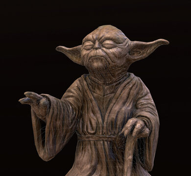 Yoda figurine 3d rendering on black background