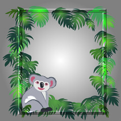 tropical leaves background with koala vector design. Design text box frames.