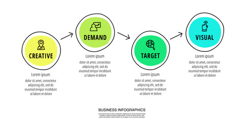 Modern hand-drawn vector infographics with 4 circles and arrows. Concept chart process template with four steps and symbols. Sketch timeline for business project on white background