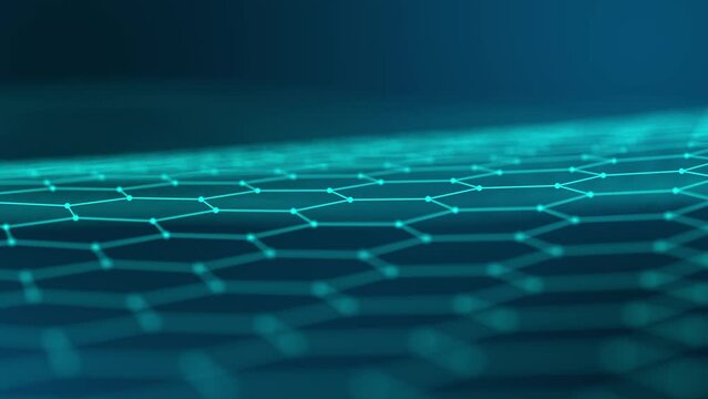 Technological grid of hexagons on a blue background side view depth of field blur. Looped geometric animation .