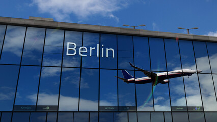 Airplane landing at Berlin Germany airport mirrored in terminal © Skórzewiak