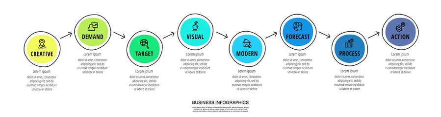 Modern hand-drawn vector infographics with 8 circles and arrows. Concept chart process template with eight steps and symbols. Sketch timeline for business project on white background