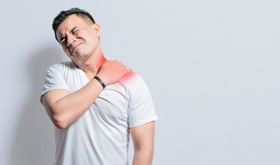 Fototapeta premium Neck and back pain concept, man with neck and back muscle pain, Close up of man with neck and back pain, a man with muscle pain on isolated background.
