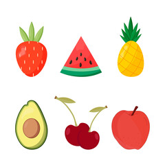 Set of summer fruits. Tropical food. Flat vector illustration