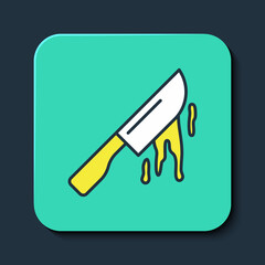Filled outline Bloody knife icon isolated on blue background. Cutlery symbol. Happy Halloween party. Turquoise square button. Vector