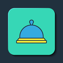 Filled outline Covered with a tray of food icon isolated on blue background. Tray and lid sign. Restaurant cloche with lid. Turquoise square button. Vector