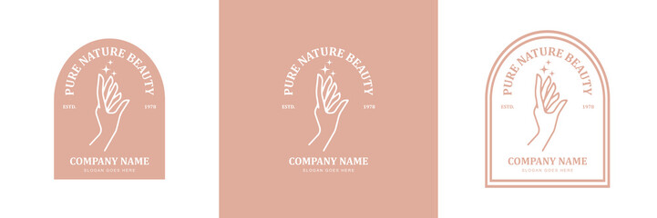 abstract vector logo design with hand and star. symbol for cosmetics, beauty products badge on feminine style.