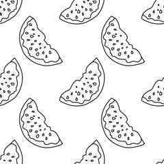 Watermelon slices with seeds. Seamless cute pattern for modern textile, decorative paper. Black linear outline on a white background. Vector.
