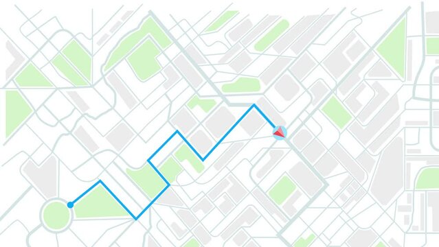 Map of the navigator with the movement of the arrow along a given path. GPS navigation route delivery point. Shot in 4k