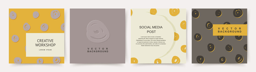 Creative banners with abstract hand drawn doodles, covers set in yellow beige brown colors. Modern vector layout design for branding, corporate identity, social media advertising