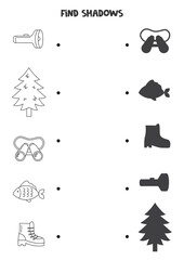 Find the correct shadows of black and white camping elements. Logical puzzle for kids.