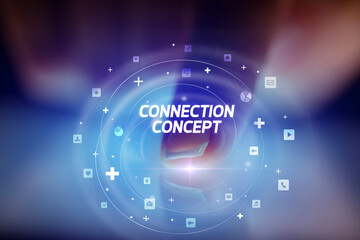 Finger touching tablet with social media icons concept