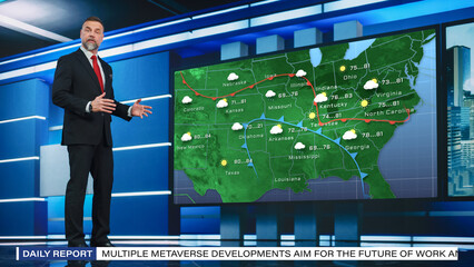 TV Weather Forecast Program: Professional Television Host Reviewing Weather Report in Newsroom...
