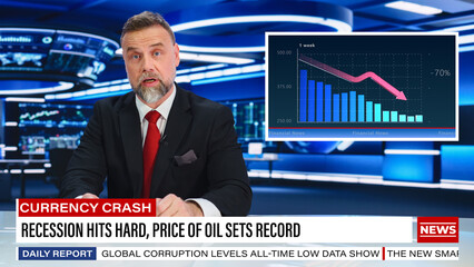 Split Screen TV News Live Report: Anchorman Talks. Reportage Montage: Professional Male Newscaster...