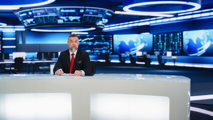 Beginning Evening News TV Program: Anchor Presenter Reporting on Business, Economy, Science, Politics. Television Cable Channel Anchorman Talks. Broadcast Network Newsroom Studio.