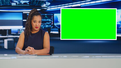 Newsroom TV Studio Live News Program: Caucasian Female Presenter Reporting, Green Screen Chroma Key...