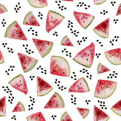 Seamless watermelons pattern. Vector background with watercolor watermelon slices.
