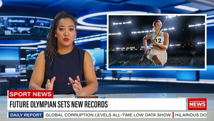 Split Screen TV News Live Report: Anchorwoman Talks. Reportage Montage: Young Beautiful Sports Women Sets New Record, Gets Highest Score In Tournament. Television Program On Cable Channel Concept. - obrazy, fototapety, plakaty