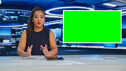 Newsroom TV Studio Live News Program: Caucasian Female Presenter Reporting, Green Screen Chroma Key...