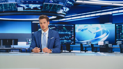 Beginning Evening News TV Program: Anchor Presenter Reporting on Business, Economy, Science,...
