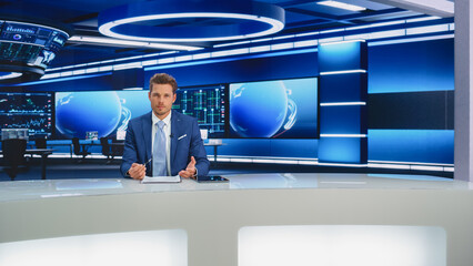 Beginning Evening News TV Program: Anchor Presenter Reporting on Business, Economy, Science,...