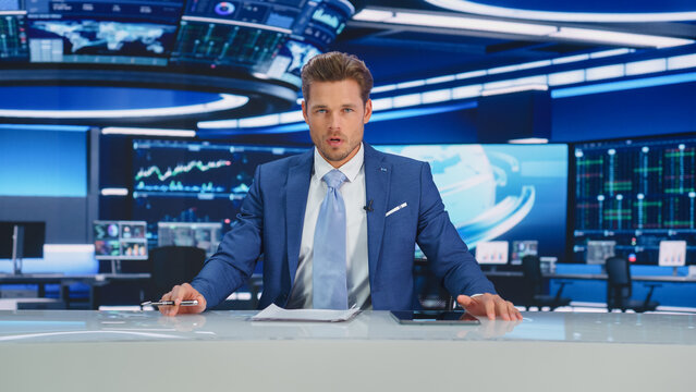 Beginning Evening News TV Program: Anchor Presenter Reporting on Business, Economy, Science, Politics. Television Cable Channel Anchorman Talks. Broadcast Network Newsroom Studio Concept.