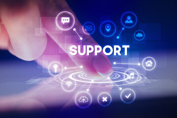 Finger touching tablet with web technology icons concept