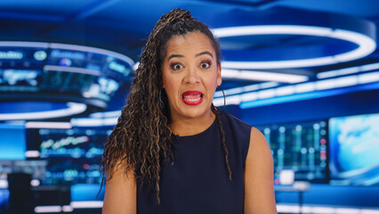 TV Live News Program with Black Female Presenter Reporting. Television Cable Channel Expert...