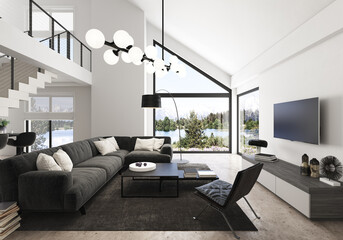 Modern style living room, with gable roof. White walls and dark furniture. Large sofa with a carpet on a cement-style floor. Natural lighting