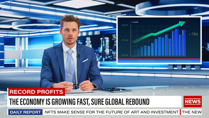 Split Screen TV News Live Report: Anchorman Talks. Reportage Montage: Professional Male Newscaster...