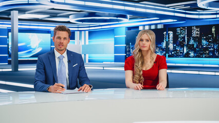 TV Live News Program: Two Presenters Reporting, Talking, Discuss Daily Events, Friendly Chat....